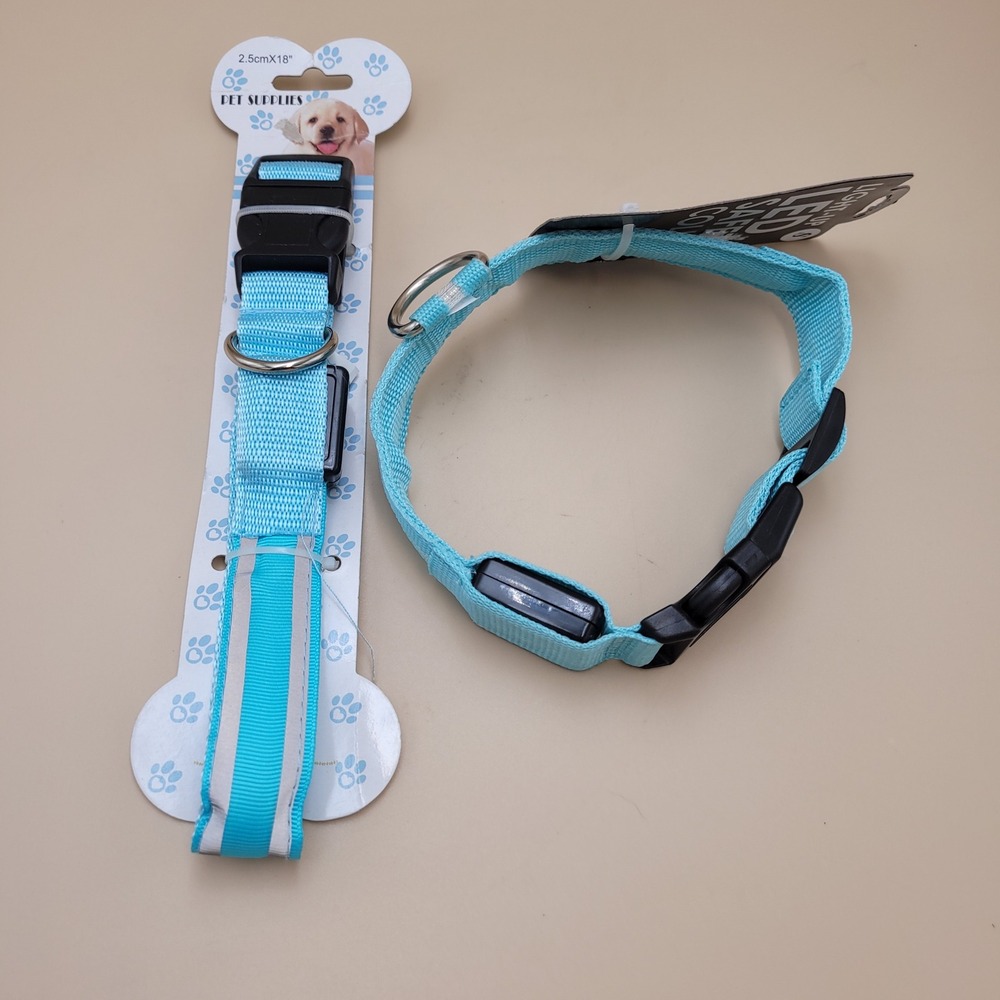 LED Light Up Safety Dog Collar Reflective Turquoise Blue 3 Modes 18in PS125